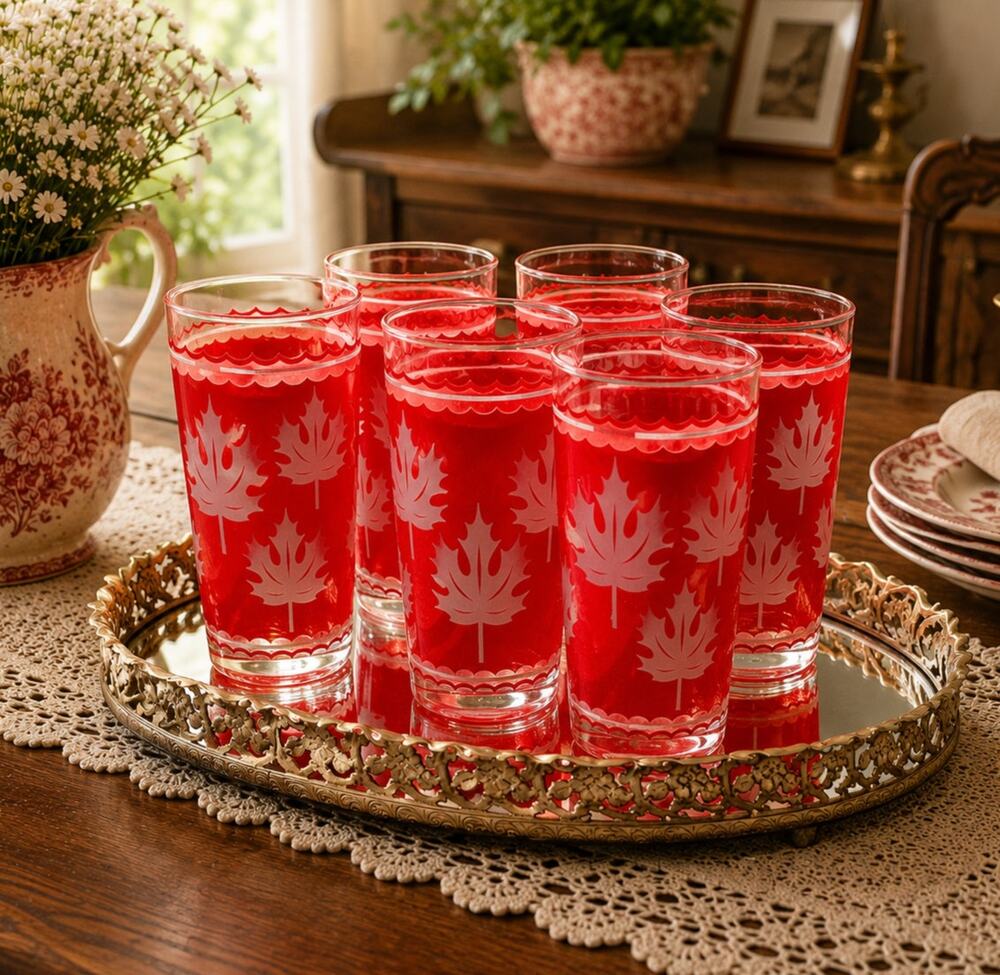 Hazel Atlas Maple Leaf Coral/Salmon & White Cups Highballs (6)